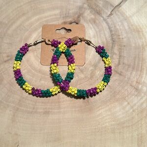 Mardi Gras Beaded Hoop Earrings Purple Green Yellow